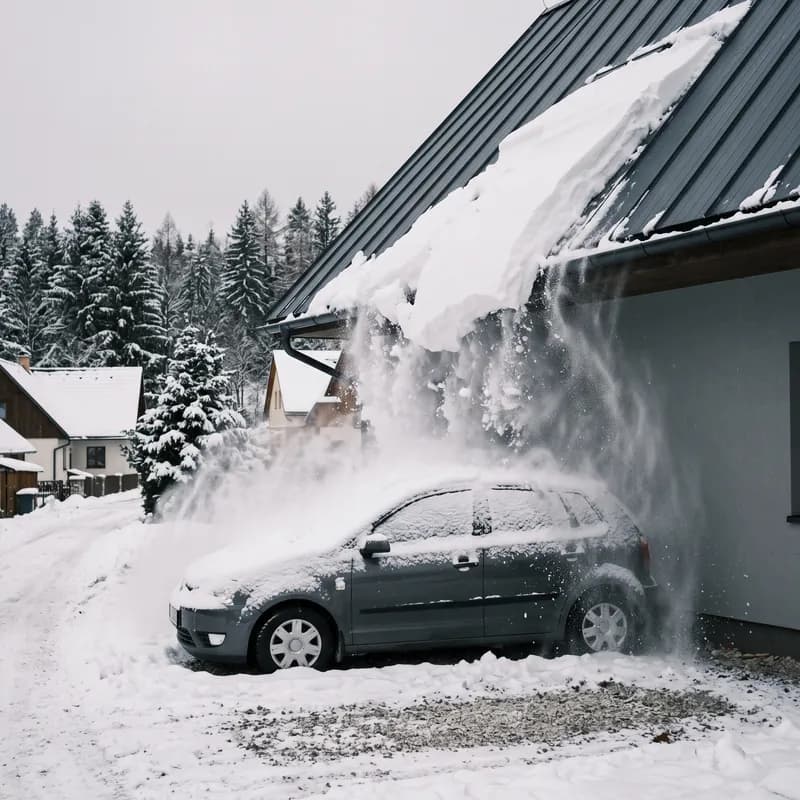 Sneh sa zosúva z plechovej strechy na zaparkované auto